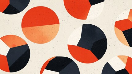 Abstract geometric composition with overlapping circles divided into red, black, and beige segments on a speckled light background.