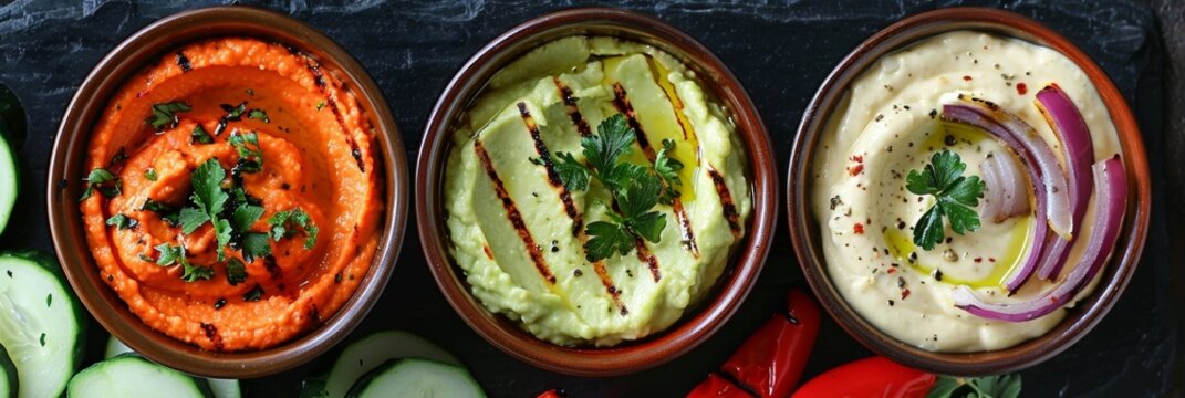 A trio of dips featuring creamy avocado y red pepper and garlicky hummus sit in small bowls next to the grilled veggies. - Powered by Adobe