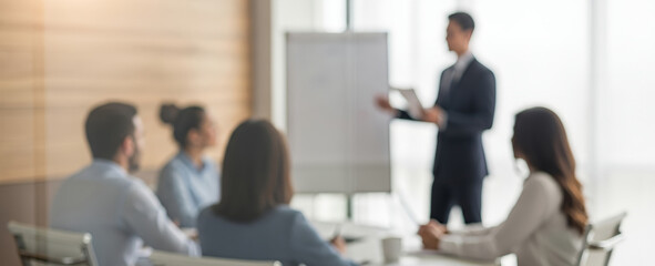 Business presentation with a man presenting to a group of people.