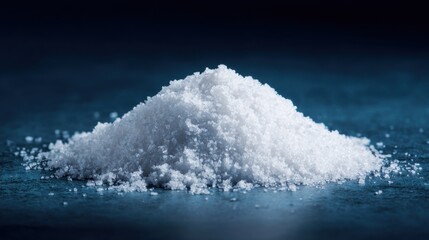 Fototapeta premium A mound of fine white salt rests on a textured blue surface, illuminated by soft natural light. The scene captures the purity and crystalline structure of the salt grains.