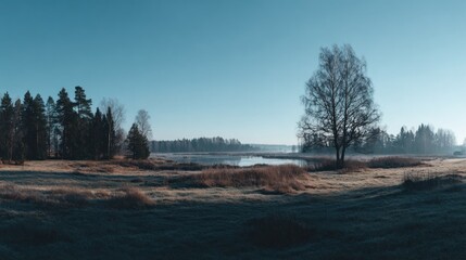 Panoramic view of a serene autumnal landscape with a lake and bare trees