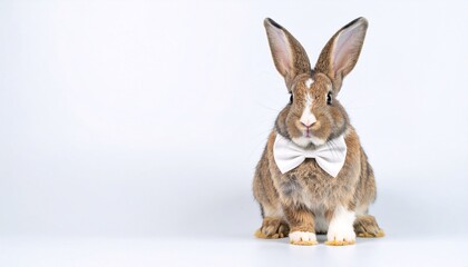 Fototapeta premium Cute rabbit is wearing a bow tie and sitting on a white surface