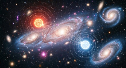 Fototapeta premium A stunning visualization of multiple spiral galaxies and star clusters interacting in the vast expanse of the universe, showcasing cosmic beauty and astronomical phenomena
