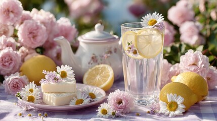 Pretty floral still life with lemonade