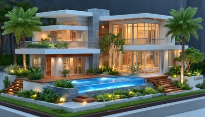 Obraz premium Modern house with pool and tropical landscaping