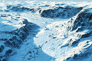 Aerial illustration of snow-covered sculpted terrain in icy blue tones, highlighting sharp erosion patterns and cracked ridgelines under a pale winter sky 
