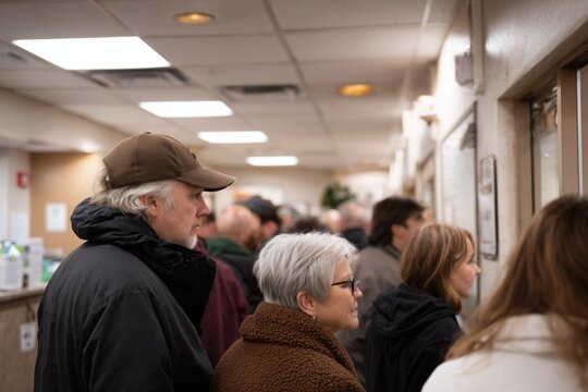People patiently waiting in a long line, demonstrating a crowd gathering for a public service or event. Community and public gathering concept.