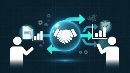 Dynamic data flow visualized with glowing sphere and branching arrows on digital grid background - Powered by Adobe