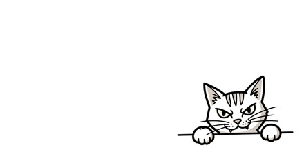 Obraz premium A simple black and white illustration of a cat peeking over a border.