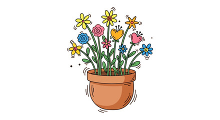 A colorful illustration of a potted plant with various blooming flowers, cheerful and vibrant.