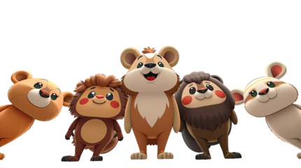 A group of cheerful cartoon animals stands together showcasing their vibrant colors and joyful expressions emphasizing the theme of friendship and togetherness