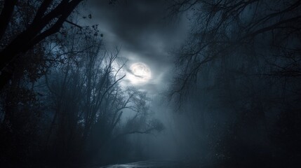 Fototapeta premium A dark forest under a cloudy night sky is transformed by the glow of a full moon. Shadows dance among the trees as a serene river flows quietly below.