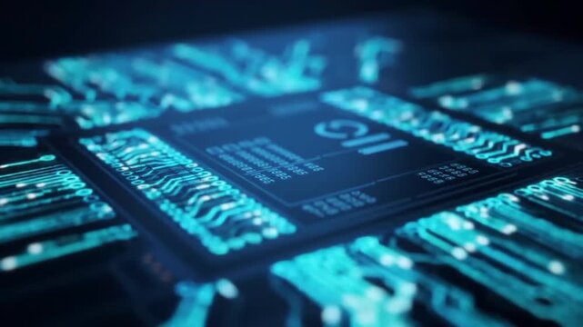 Futuristic computer processor microchip with glowing blue digital circuits. Concept of AI, data processing, and technology innovation.