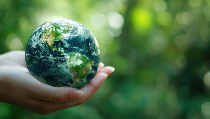 Fragile Planet Earth Cradled in a Hand Against a Lush Green Bokeh