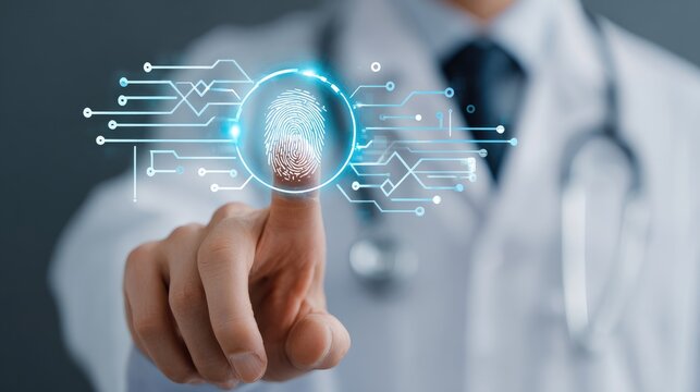 Doctor using fingerprint scan technology for secure medical access AI - Powered by Adobe