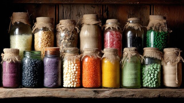 Rustic wooden shelf with various colorful food items in glass jars