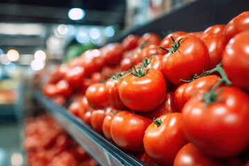 Fresh Ripe Tomatoes on a Supermarket Shelf with Glistening Bokeh Lights