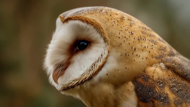 Common barn owl (tyto alba) head close-up portrait showcasing intricate feather patterns, striking dark eyes, and soft facial disc details in warm natural light