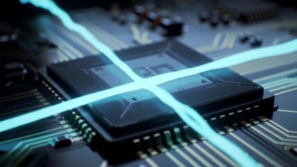 A futuristic microchip on a circuit board with glowing blue energy lines symbolizing fast data transfer and advanced computing power. - Powered by Adobe