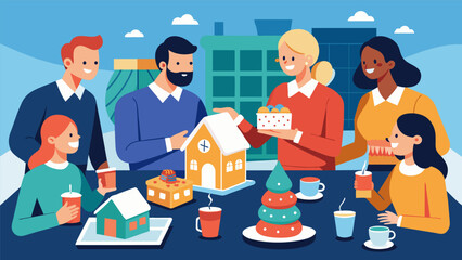 A group of coworkers gathered in a conference room decorating homemade gingerbread houses to give as fun and festive gifts to their closest.