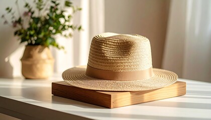 Stylish straw hat on wooden block with sunny light, decor, and springsummer lifestyle.
