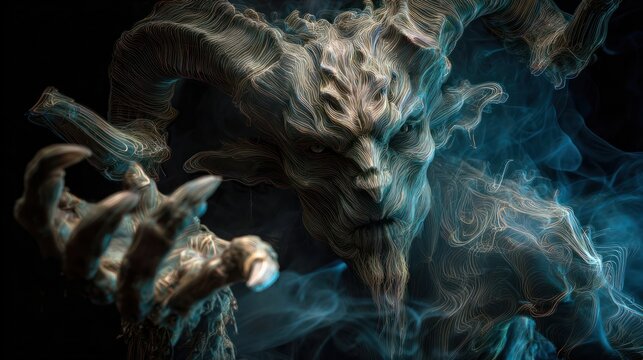 Horned, detailed creature with a human-like face, reaching forward, shrouded in blue smoke