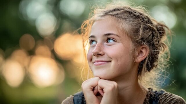 Daydreaming Amidst Verdant Serenity: A young woman with braided hair gazes skyward, her gentle smile and hopeful expression radiating a sense of peaceful contemplation, framed against a soft.