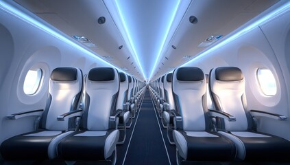 Futuristic Aircraft Cabin with Symmetrical Aisle and Cool Blue LED Lighting