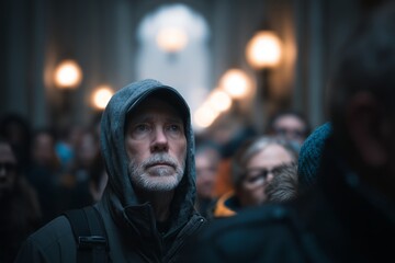 Fototapeta premium A mature caucasian man in a dark hooded jacket looks up intently, his face illuminated by blurred background lights. A concept of contemplation and public spaces.