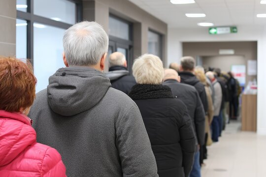 A group of older men and women standing in a long queue for service in a public building or medical clinic.