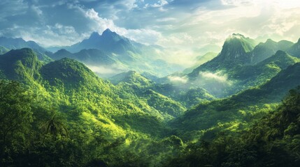 Obraz premium Aerial view of lush green mountains with misty valleys, blue sky and clouds.