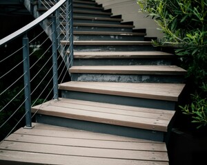 Modern outdoor wooden stairs with metal railing and lush greenery
