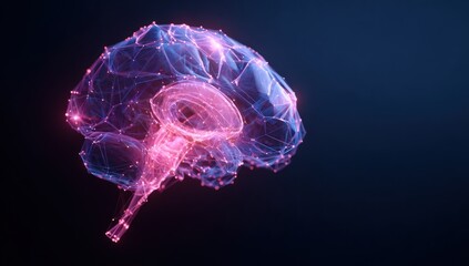 Futuristic Digital Brain Network with Glowing Pink and Blue Connections on Dark Background
