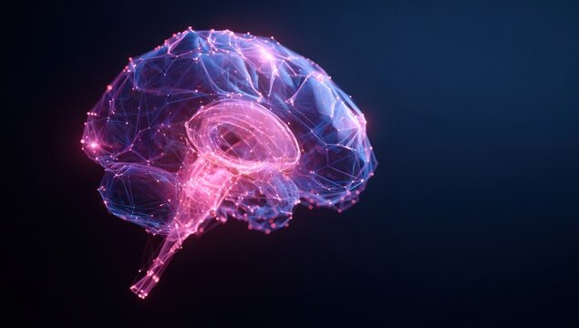 Futuristic Digital Brain Network with Glowing Pink and Blue Connections on Dark Background