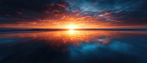 A breathtaking sunset over a calm ocean reflecting vibrant colors.