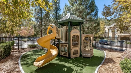 Sunny playground with slide and playhouse. Lush green grass and trees surround it