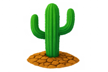 Cartoonish 3d illustration presents a stylized green cactus thriving in arid desert soil, set against a transparent background
