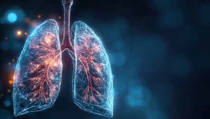 Futuristic Human Lungs Rendered as a Glowing Plexus Network Against a Dark Bokeh Background