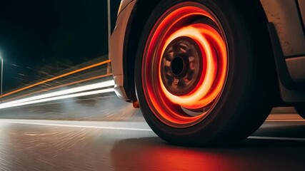 Close-up of a car's wheel glowing red hot from friction during a high-speed drift, creating sparks and light trails.
