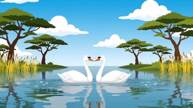 pair of swans forming heart shape on lake