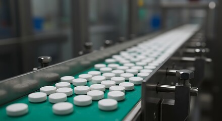 Obraz premium On a sterile pharmaceutical production line, identical white pills move along a stainless-steel conveyor belt. 