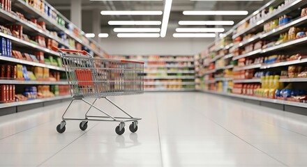 A single, shiny, modern metal shopping cart is perfectly parked in a clean, brightly lit supermarket aisle. 