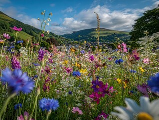 Vibrant wildflowers bloom in a meadow, valley town nestled amidst rolling hills, cloudy sky