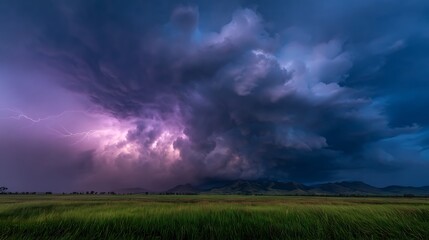 A dramatic storm cloud formation over a green field with lightning strikes in the distance at twilight