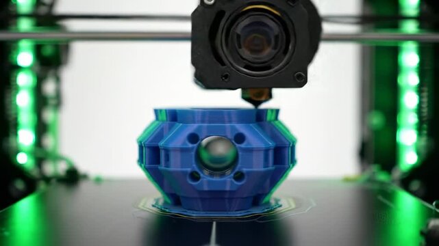 Detailed close up view of 3 d printing process creating blue decorative object