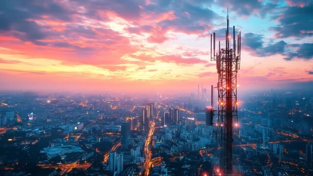 Cityscape Sunset Cellular Tower.