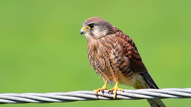 Detailed closeup of a kestrel perched on metal wire against a vivid green background
