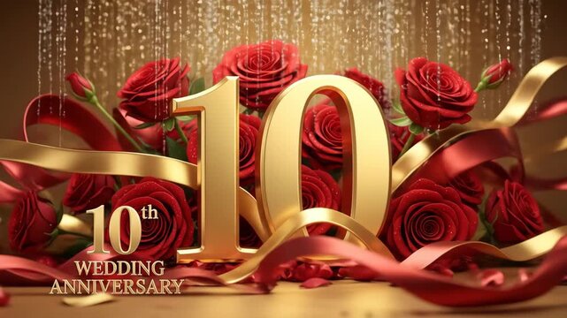 Golden 10th anniversary celebration with red roses and ribbons