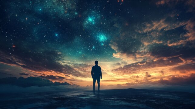 Silhouette of a man standing against a starry sky, looking up at the stars with hope and wonder