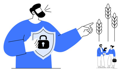 Man holding shield with padlock symbol, pointing to wheat stalks. Two figures collaborate on agricultural solutions. Ideal for security, innovation, agriculture, teamwork, trust, communication